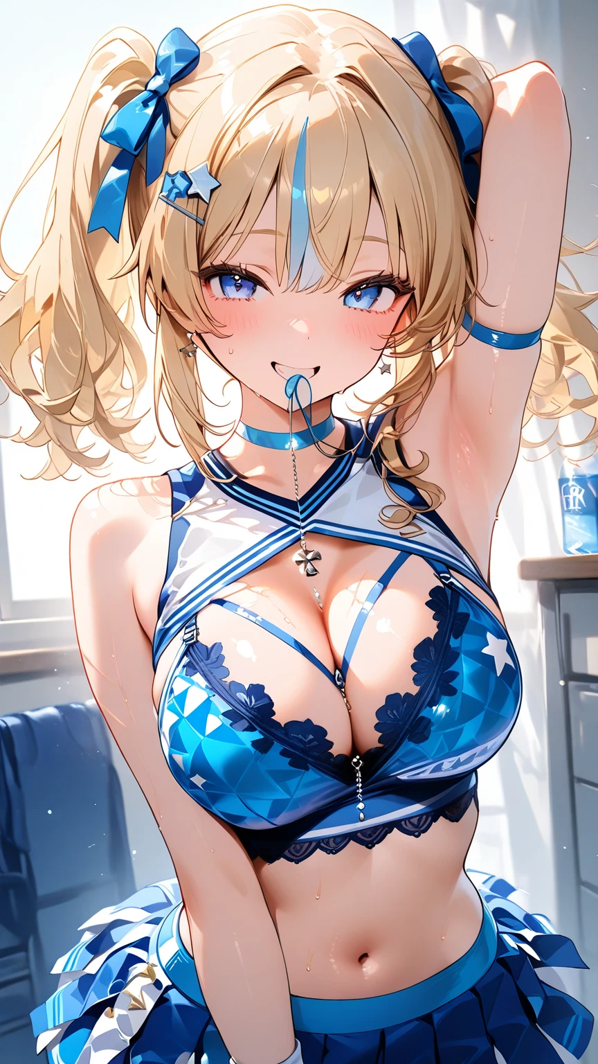 (best quality:1.2), (ultra detailed:1.2),(masterpiece:1.2),(8k:1.2),(Blessed,Captivating body、Ultra detailed hands、Ultra-detailed eyes、Ultra-detailed skin、ultra-detailed face,Detailed Background),One Girl、(bedroom,nurse, nurse cap, breast pocket, collared dress, short dress, short sleeves, thighs, white dress, white headwear), 1girl, kazama iroha, blonde hair, ponytail,Blue eyes, hair ornament, leaf hair ornament,breasts,(ecstasy, aroused:1.5)