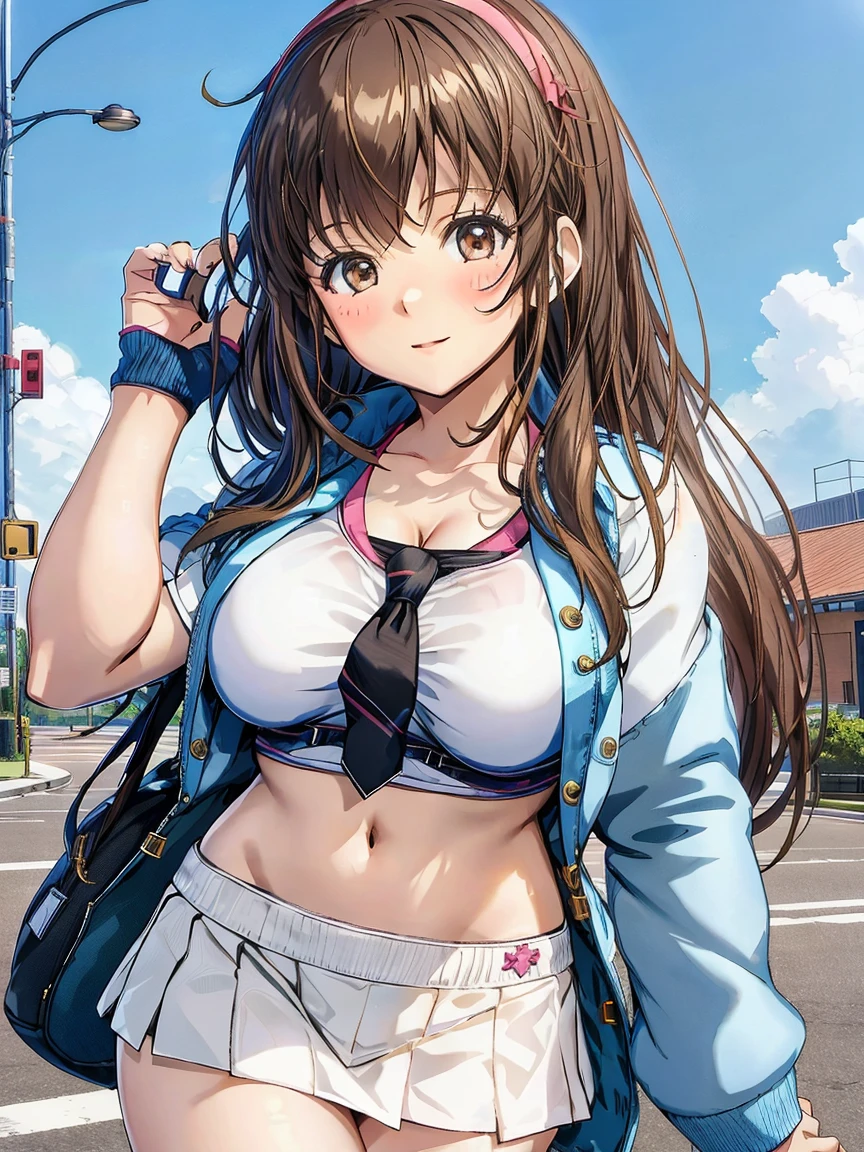 masterpiece, (best qulaity:1.3), 8K, wallpaper, depth of field, beautiful detailed eyes, (1girl, long_hair, brown_eyes, bangs, brown_hair, blunt_bangs, yellow_eyes, low_twintails, (open shirt, unbuttoned shirt:1.3), closed mouth, smile, wet clothes, cityscape, outdoors, (rain, cloudy sky:1.2), (light_blue_bra:1.2), navel, (small breasts:1.2), collarbone, pleated skirt, (white_skirt), looking at viewer), taniguchi_harumi_citrus <lora:taniguchi_harumi_citrus:0.6>