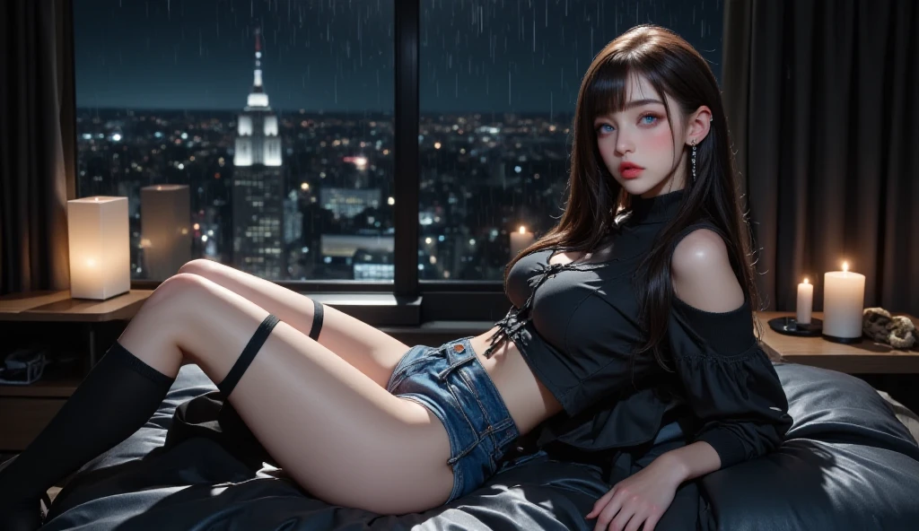 1 girl, black hair, looking at viewer, night city + starry view,8K , masterpiece,ultrasharp,high res, blue eyes, denim shorts --auto