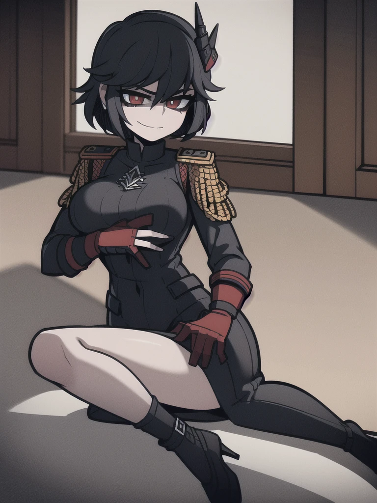 ((Masterpiece, top quality, super definition, ultra definition)), Solo, Full Body, (27-year-old Gothic woman in black leather German official uniform), wearing an army leather hat, (((Clear expression of body unevenness)), looking at the camera, (sitting with her back to the wall and bent knees), female body, nipple shape stands out, large breasts, red eyes, black hair bob, front zoom, horizontal seat, yandere, strong makeup, constricted pupils, blank stare, deep shadows, SFW, dark, detailed hands, tall woman, sadistic smile quite present, sharp focus, dynamic angle, deep shadows, 8k resolution