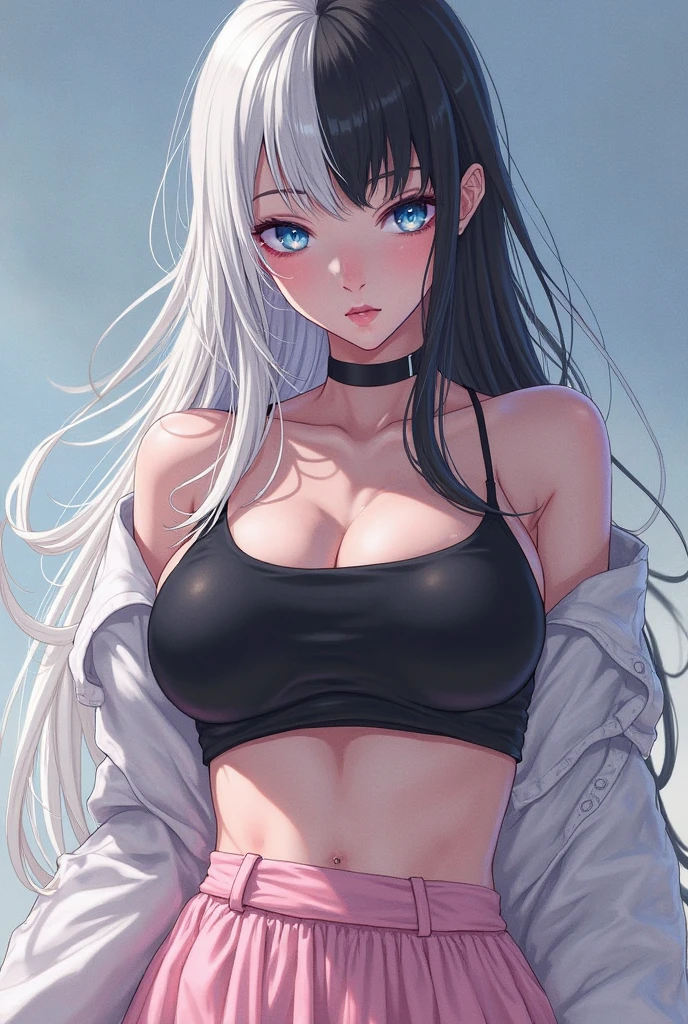 (lifelike, high - resolution:1.3), 1 girl with a perfect body,slender body, Super fine face and eyes,assasin, dark makeup, shiny skin,white hair, Tank top of random colors:1.2, short jeans,Expose cleavage