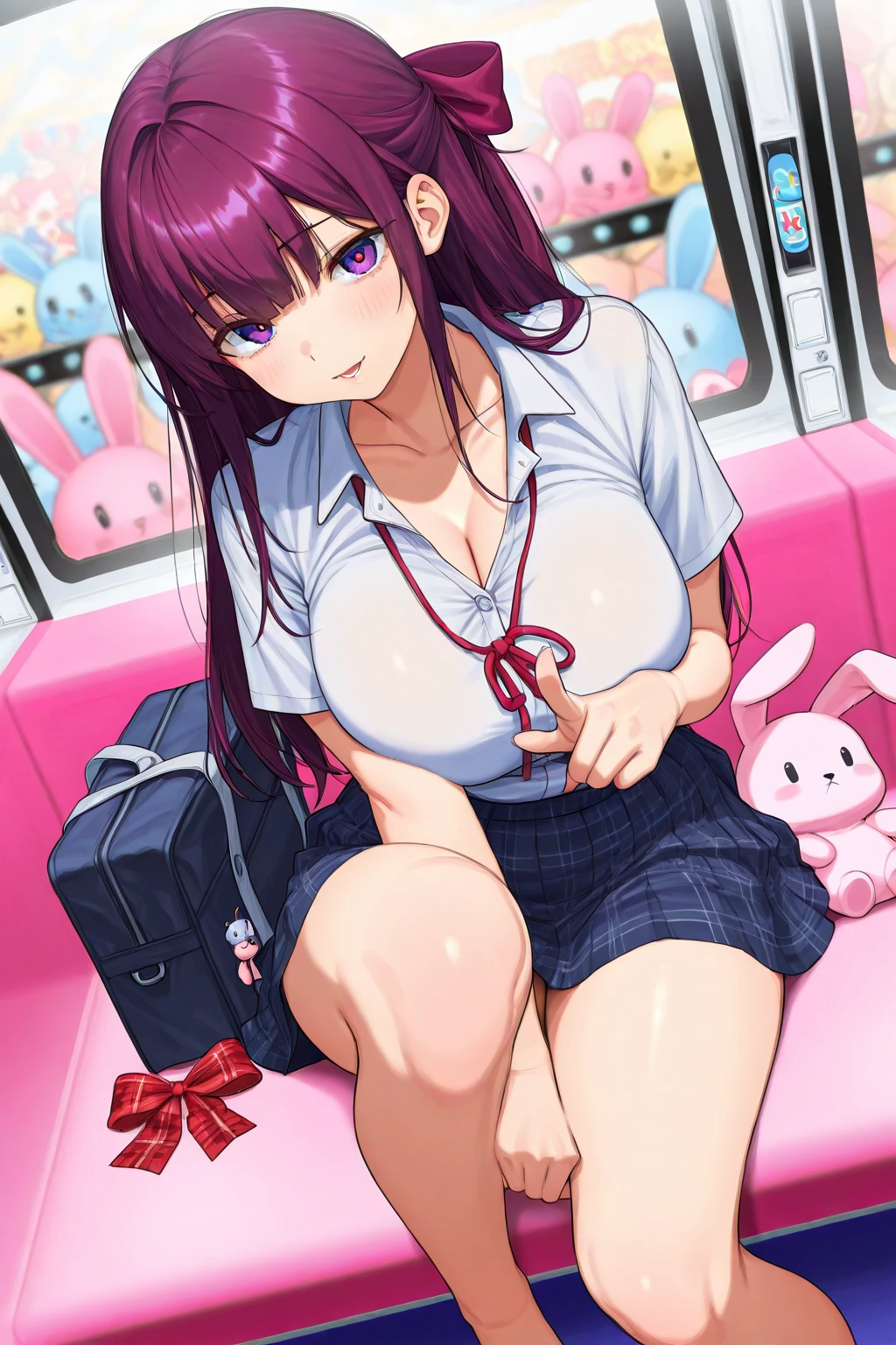 purple hair, two-tone hair, split-color hair, pink hair, blunt bangs, very long hair, purple eyes, ., large breasts, solo, nsfw, nipple, ride a bicycle