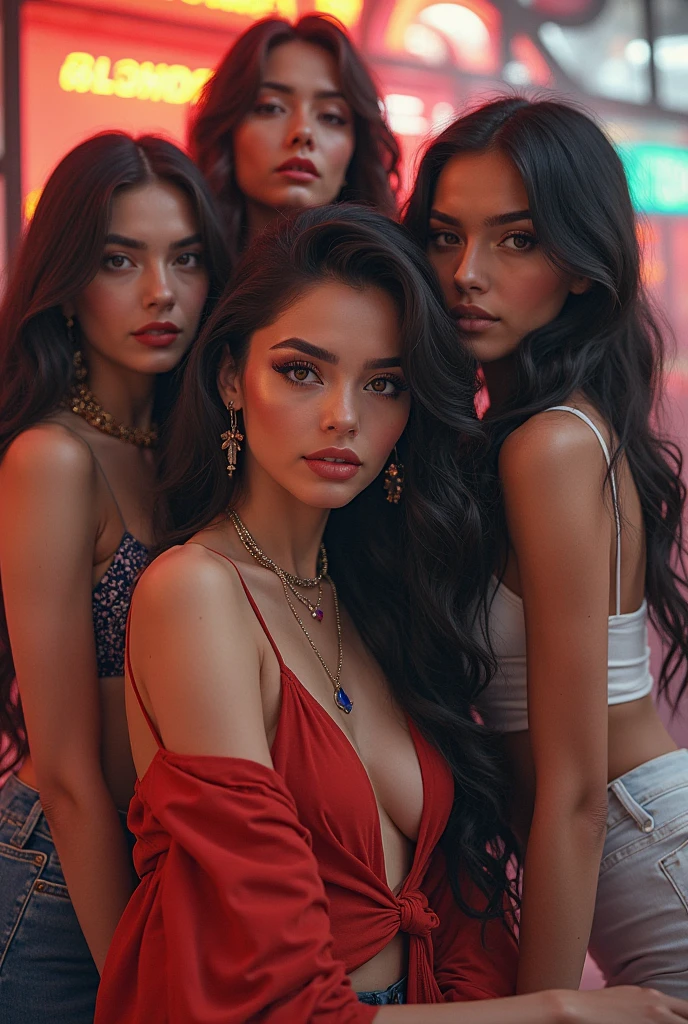 (((masterpiece))), best quality, hyper detailed gouache style painting portrait of a group of beautiful female demons, red/yellow eyes, smooth shadows, hyper realistic textures, 8k, best quality, realistic cartoony features, stylized illustration, smooth shadows, correct anathomy, chromatic aberration, neon highlights, global warm lights, dynamic poses, expressive facial expressions