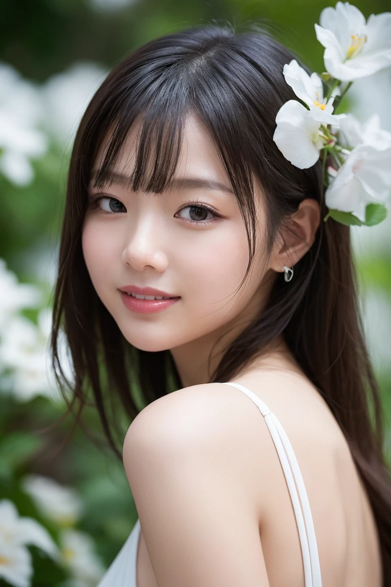(highest quality, 32k, High resolution, Masterpiece:1.5, ), marimo_jet, painted in abstract style、A memorable and fantastical photograph, ((god々In a swirl of bright brilliance and soft light)), Evokes a sense of calming serenity and elusive beauty, Rich expression of emotions, Cute Japanese Girl, Very beautiful face, full shot of full body, Perfect Human Anatomy, Magical big eyes, A profile of a gentle smile, Motherhood and generosity, ((Shiny brown straight long hair)), Beautifully styled extra long hair, Beautiful asymmetrical bangs, Hair between the eyes, Transparent and soft white skin, Neat, thin eyebrows, double eyelid, Pale pink detailed lips, ((See-through transparent camisole,)), High resolution perfect collarbone, High resolution beautiful bust, Slender body with ample breasts, High resolutionの美しい太もも, ((Surrounded by white roses)), Soft sunlight, Professional Lighting, Professional Photographer, Professional models,God&#39;s Secret
