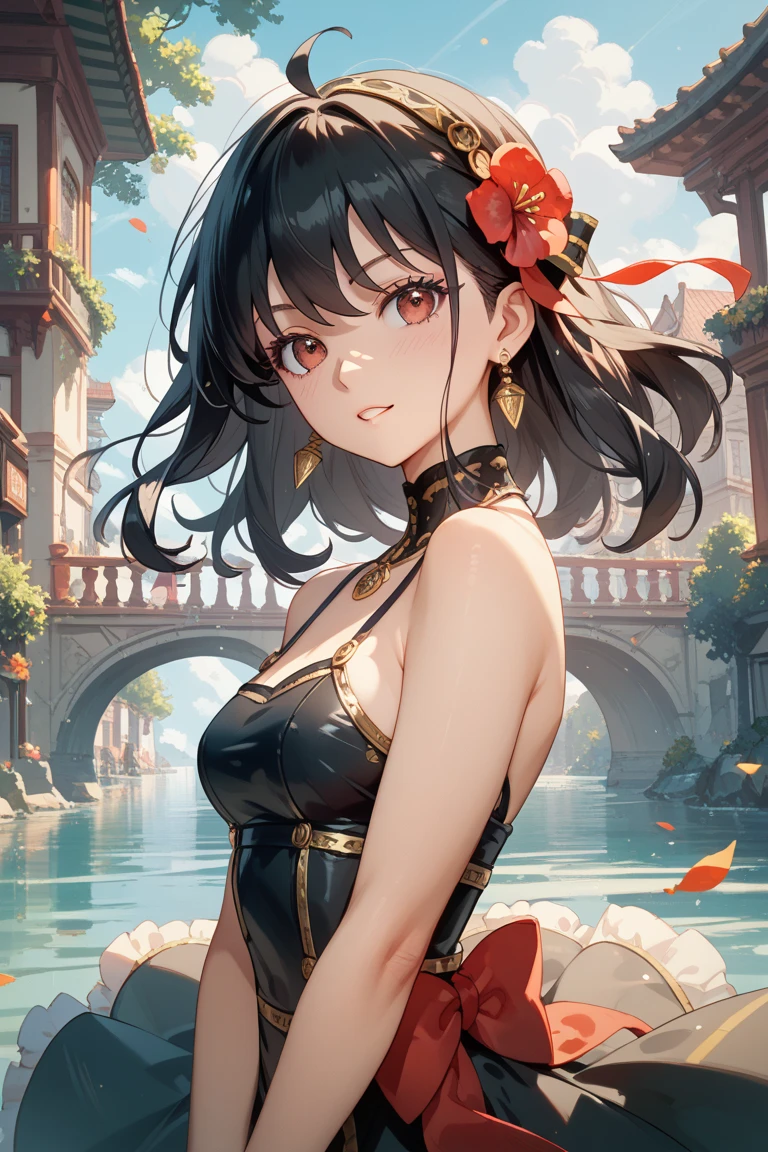 Estilo anime mejor calidad posible., mujer junkotvv, pelo largo negro,ojos rojos, orejas de gato, nadando en el lago, usando toalla, she has small breasts and perfect body, frontal, en el lago por la noche, sudoroso
