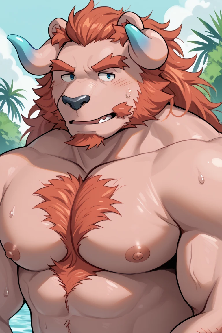 By Haps, Big Pecs, Fluffy Tail, ..., 2boys, abs, animal ears, bandages, bara, beard, belly, brown fur, bulge, colored sclera, cow ears, cow horns, cow tail, ear piercing, facial hair, fat, furry, furry male, furry with furry, grabbing, horns, large pectorals, looking at another, male focus, mature male, minotaur, multiple boys, muscular, muscular male, navel, navel hair, nipples, nose piercing, orange hair, pants, pectoral grab, pectorals, piercing, plump, short hair, stomach, tail, thick arms, thick eyebrows, tiger ears, topless male, yaoi