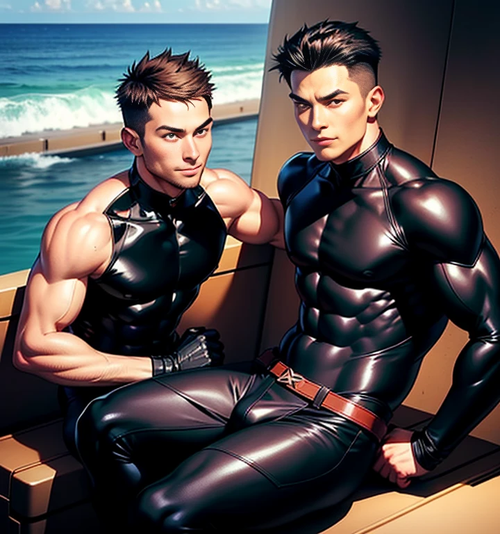 A police muscular shirtless arabian men, leather harness, briefs(underwear), black gloves, outdoor, dark short hair