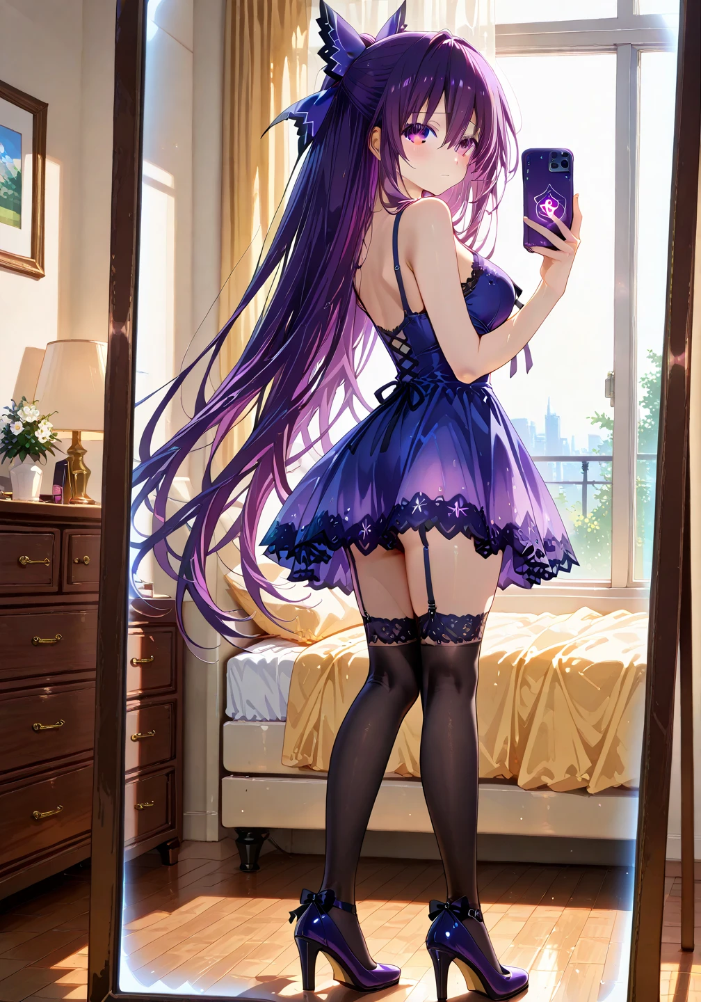 the woman is wearing a Maid clothes standing up on the floor, solo, panties, underwear, skirt, (Shiny dark purple satin lace panties:1.3)、panties that cover the butt、garter belt, lying, thighhighs, skirt lift, looking back, realistic