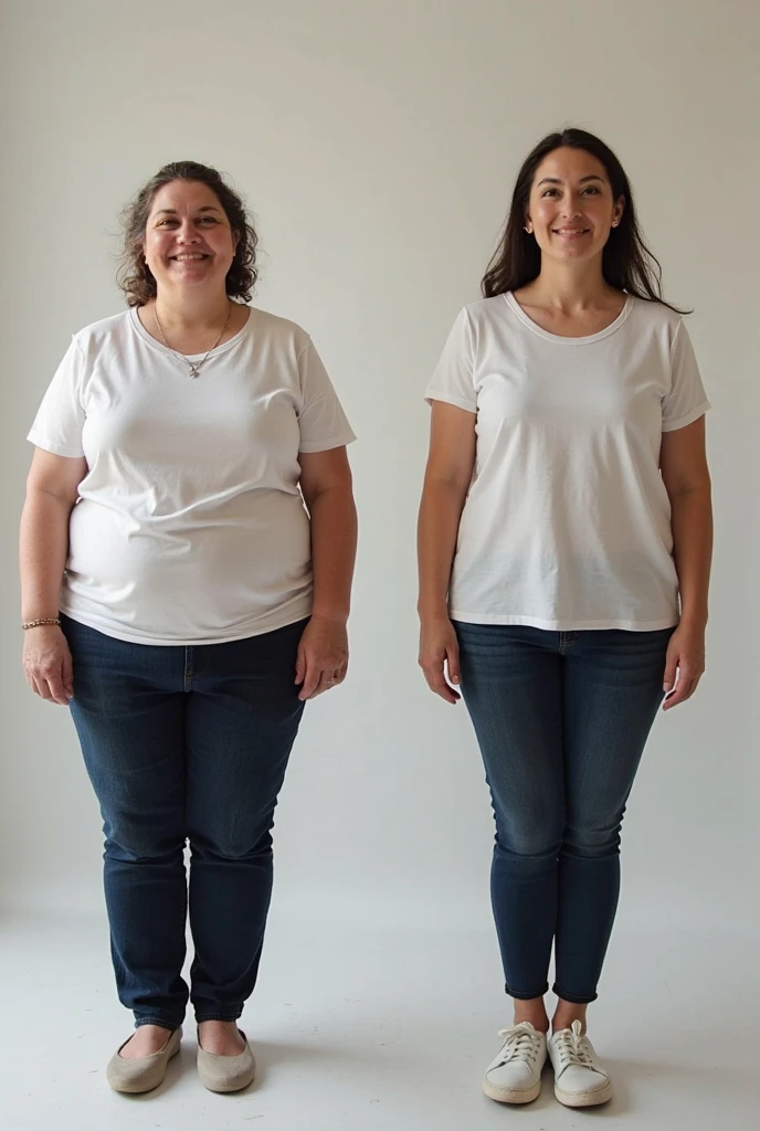 BEFORE AND AFTER A WOMAN WHO WAS VERY FAT BECAME VERY THIN. IT MUST BE CLEAR THAT BOTH ARE THE SAME PERSON. BOTH MUST WEAR THE SAME CLOTHES AND THE SAME COLORS. BOTH MUST SHOW THEIR BODY FROM THE FRONT, THE FAT ONE SHOWING THE FAT AND THE THIN ONE SHOWING THE FATLESS BODY. FAT THINGS HAVE TO BE SAD AND THIN THINGS HAVE TO BE HAPPY