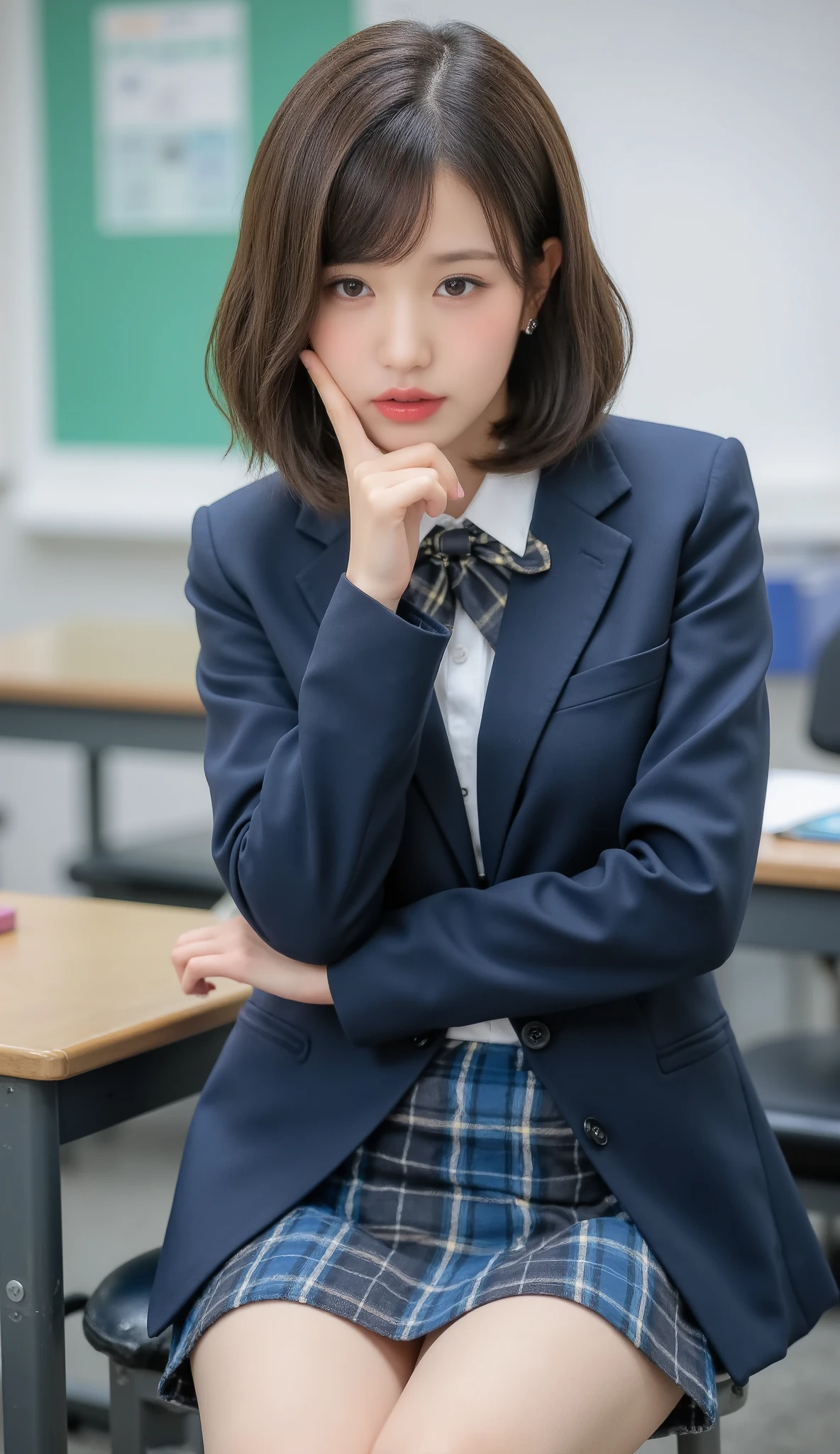 (8K High Resolution), (Highest quality), (RAW Image Quality),(Tabletop:1.2), (Realistic), (Realistic:1.37), (Live-action realistic style）,The ultimate face,Realistic light and shadow,Distinct facial features,Fair skin,Best Portrait, One person,Beautiful attention to detail,Highly detailed skin,(Beautiful face with double eyelids), (realism: 1.4),Delicate and beautiful face,,Female about 20 years old,(Beautiful Face 1.4),short hair, Glasses, ((A Japanese female high school teacher wearing a uniform)),((Shooting in the classroom)),(You can see a little bit of underwear from the delta zone.),White panties,Red lipstick,stockings, High heels, Beautiful breasts, sitting on a chair at the podium、A blazer uniform with a white blouse underneath、Intelligent face、Short tight skirt
