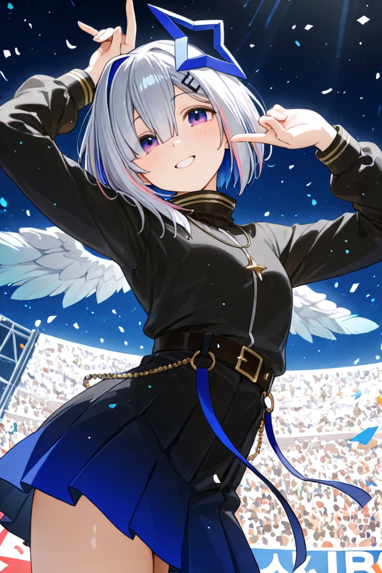 best best quality, masterpiece, android, crosseyed, multicolored hair, partially fingerless black gloves, grey hair, mini wings, angel wings, blue hair, white jacket, ahoge, round eyes, blush, single hair intake, hair ornament, colored inner hair, single blue thighhigh, white sneakers, purple eyes, hairclip, single sock, bike shorts, wide hips, ass, short hair, asymmetrical legwear, single black kneehigh, streaked hair, long sleeves, closed mouth, open jacket, standing, star necklace, necklace, asymmetrical bangs, uneven legwear, puffy long sleeves, smile, hooded jacket, blue belt, (starry sky)