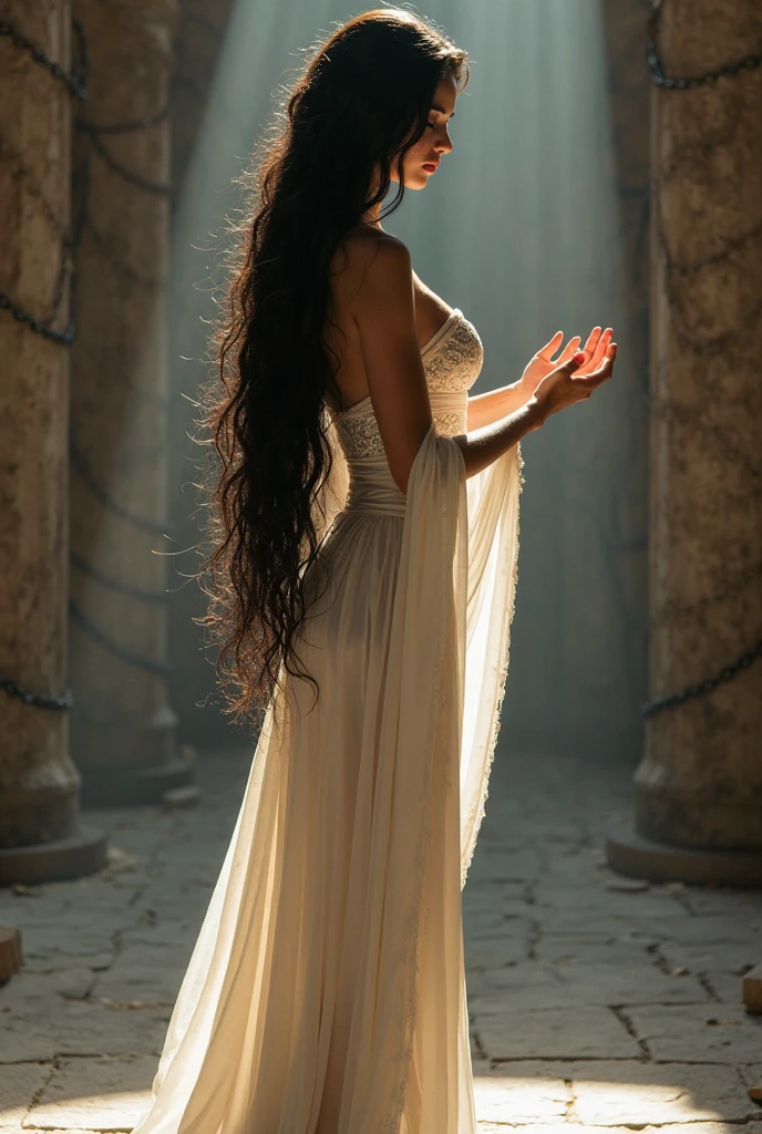 Beautiful priestress of temple of olympus wearing white long gawn blak hair praying 