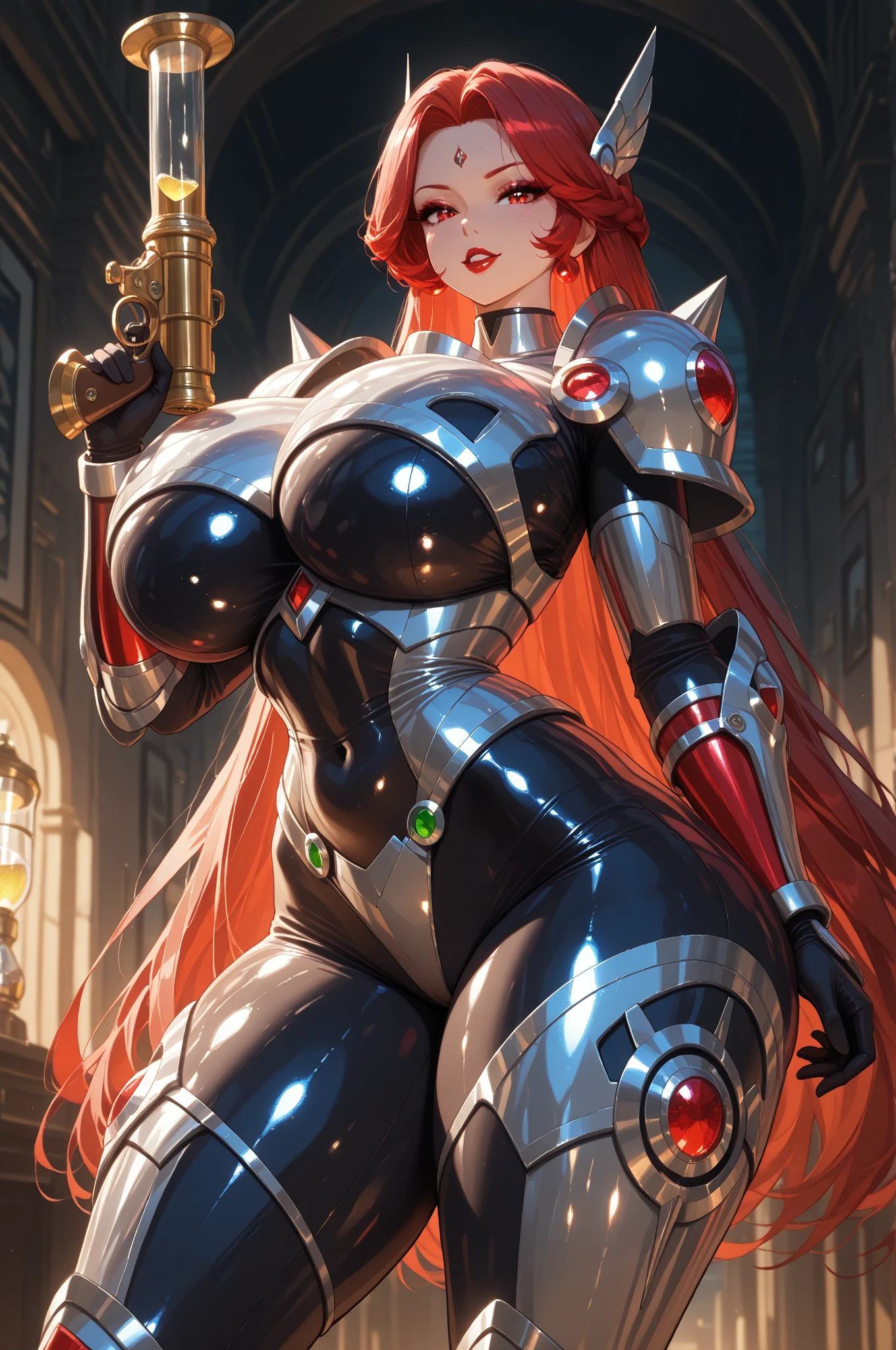 makima \(chainsaw man\), best quality, ultra detailed, 1girl, solo, standing, red hair, long braided hair, golden eyes, bangs, round breasts, wide hips, black leather suit, metallic utility belt, stare, (Evil grin:1.2), looking at viewer, color connection, colorized, vibrant color scheme, colorful, spot color, cinematography, hyperdetailed, beautiful face, 4k, HD, artstation trending on artstation,
