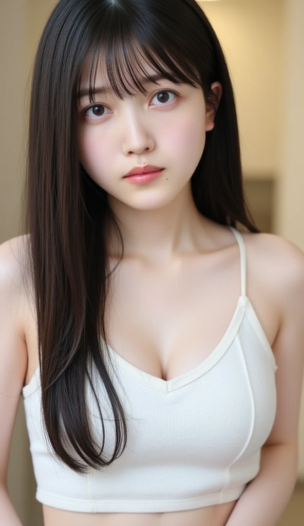 girl, young and beautiful. realistic picture. dark hair. pale skin. innocent looking. big . same face that the photo.