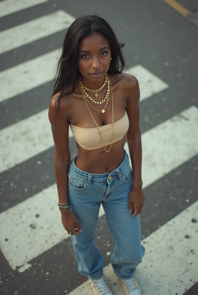 Girl in white bra and tight denim skirt posing for photo, full body, with cropped T-shirt, bra, slim body, smaller bust, slim girl model, 2 female model, lying on the construction site, a group of black men onlooking