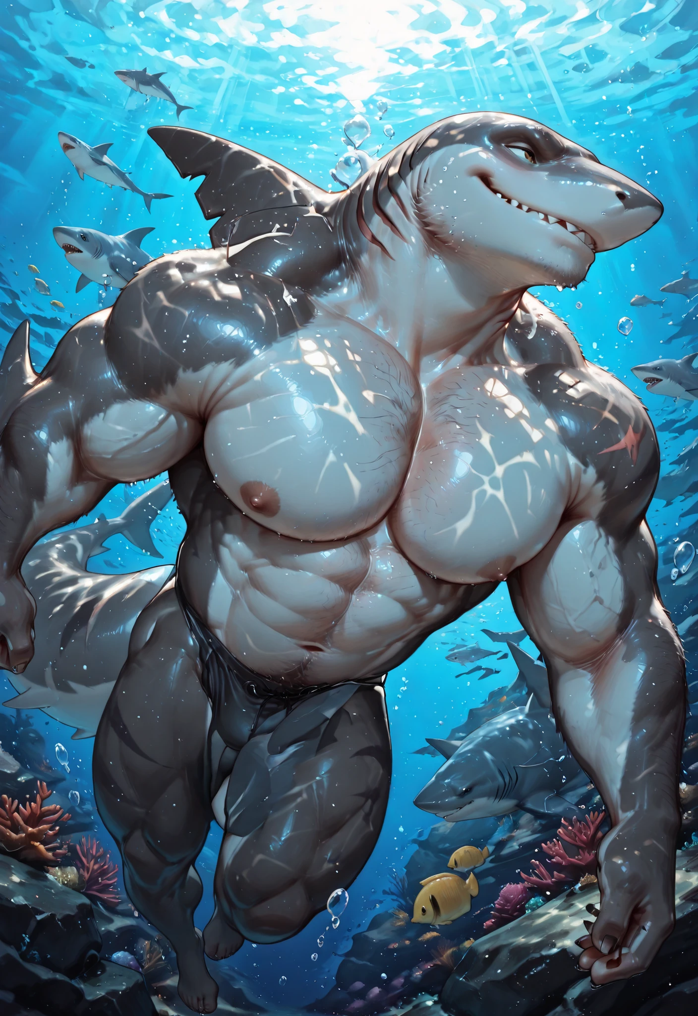 ,muscular,traditional media, realistic, ,male,bara,gay,1man, handsome male, Masterpiece, best quality, male, huge ass, huge beefy muscular, gay men, handsome face, thick body, huge chest, big chest , man, bara, perfect body, perfect anatomy, masculine, hairy, big , big body, perfect proportional, dramatic lighting, , gta v light ambience, , detailed shading, body hair, beefy thick body,, attitude, gothic_art, furry, shark, underwater, swimming