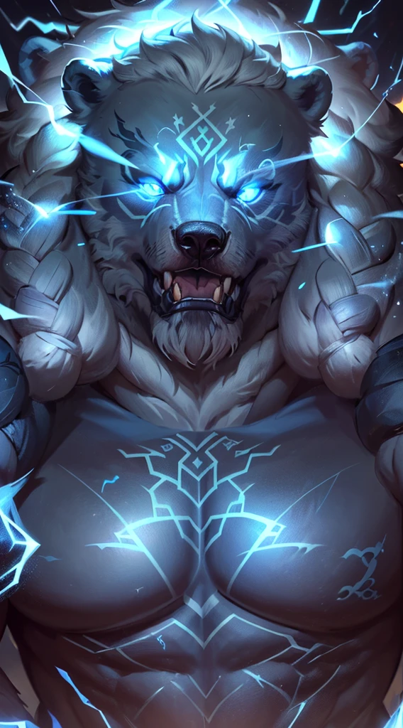 (masterpiece, 4k ,ultra detailed:1.2),(fantasy:1.2),illustration,(realistic:1),(photorealistic:1),
(Volibear, the champion from League of Legends:1.6),
(white hair,very long fur:1.6),(roaring with open mouth:1.3),(white bear with blue eyes and a glowing light on its face:1.4),
(musculous body,blue rays coming out of eyes,rays surrounding around,giant bear:1.3),
(forest, night, lighted mushrooms, fireflies:1.2),
<lora:volibearV1:0.8>,
<lora:LowRa:0.55>,
<lora:epiNoiseoffset_v2:0.15>
