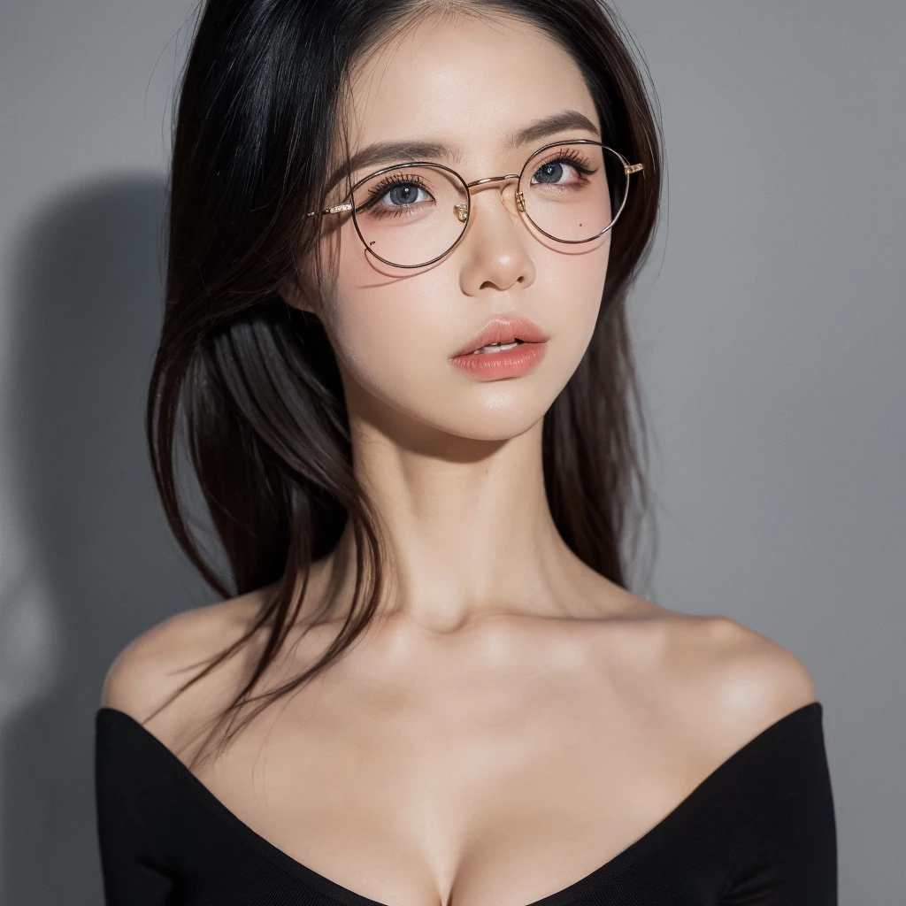 arafed woman with glasses and a bra top posing for a picture, 2 8 years old, an asian woman, photorealistic perfect body, chinese woman, 2 7 years old, perfect human female specimen, 2 9 years old, wearing thin large round glasses, large breasts size, yanjun chengt, with glasses, chinese girl, 3 0 years old woman