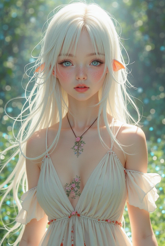 Highres, bestquality, masterpiece, very high image quality, An ultra-Detailed,, hyperrealistic, 3D, very cute beauty, White Skin, white wavy french braid hair, white body, brilliant green big eyes, GIANT breast, slender body, All over body, See-through feather robe