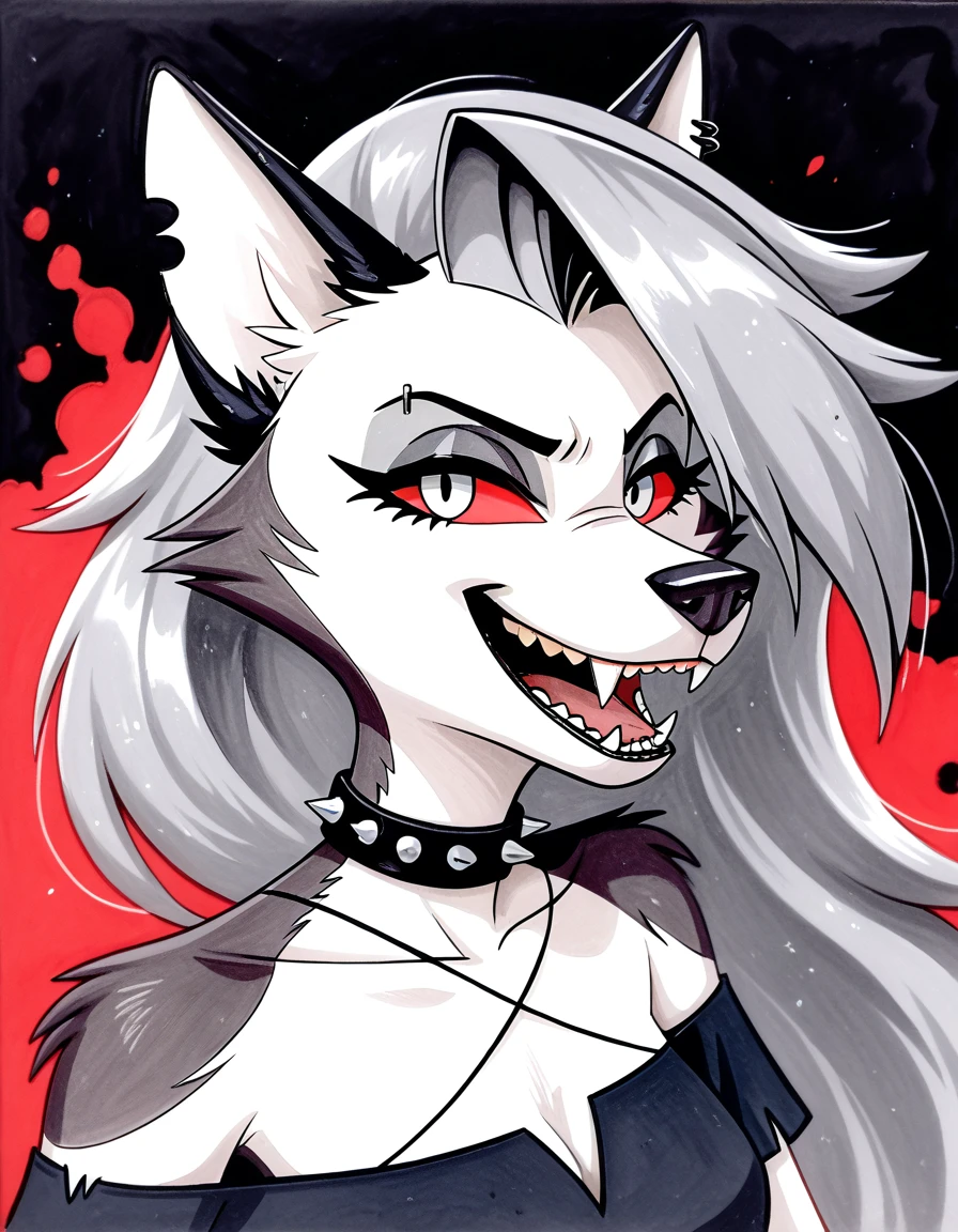 score_9, score_8_highly, score_7_highly, score_6_highly, secure content, by vivzmind, mammal, Dogs, Dogs Demon, Demon, canine, monster, anthro, feminine, Fell, alone, balck hair, white body, white Fell, ???? good boss, Holidays, Hellhound, Loona, Rote Sklera, gown, White eyes, braided balck hair, Halloween, ????, offcial art, ???? from eye