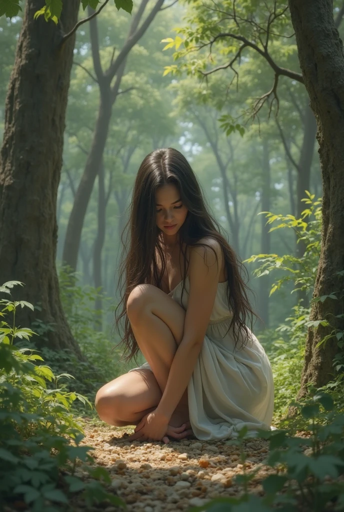 woman sitting in the forest relaxing at night