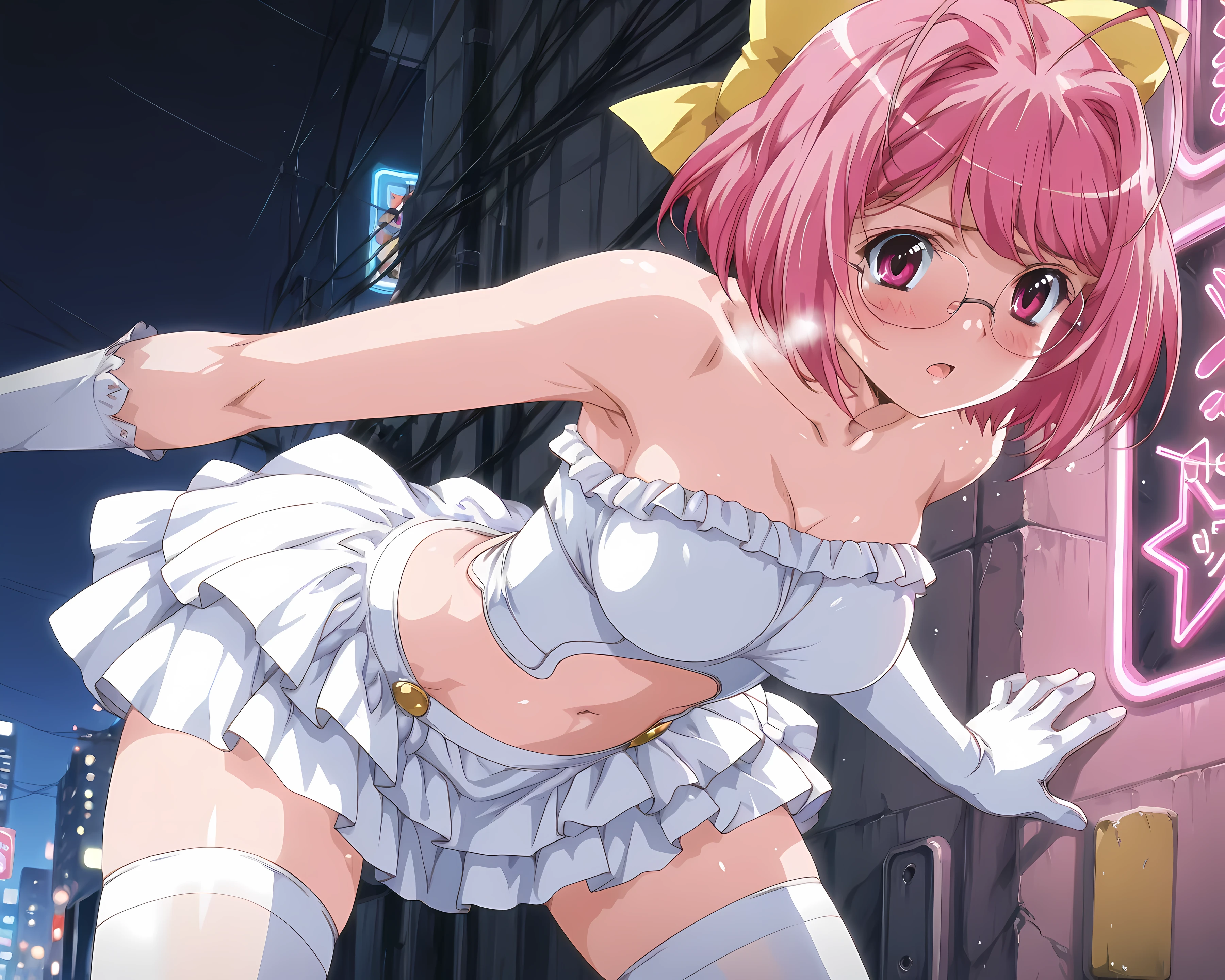 best image quality、top quality、masterpiece、4K、8K、high definition anime style、5 anatomically correct fingers、depth of field、alone、 solo、very young female、 kanon nakagawa, nakagawa kanon , short hair, pink hair, hair bow, pink eyes, antenna hair, mature female, medium breasts, anime screencap 、 sci-fi biological skin style armor like white armor、 White skin-like SF biological skin style non-NSFW panties、white skin、Shining bright pink eyes, rough breathing, blushing, embarrassing expression、(anatomically correct human female removes red-rimmed glasses from face), (cute and daring pose)、collarbone, bare shoulders, bare armpits, bare thighs, thighhighs, zettai ryouiki、In Sci-fi style future city, empty streets, neon lights all around her, Japanese singing voice sound effects、Five fingers, jack-o'_challenge, strapless