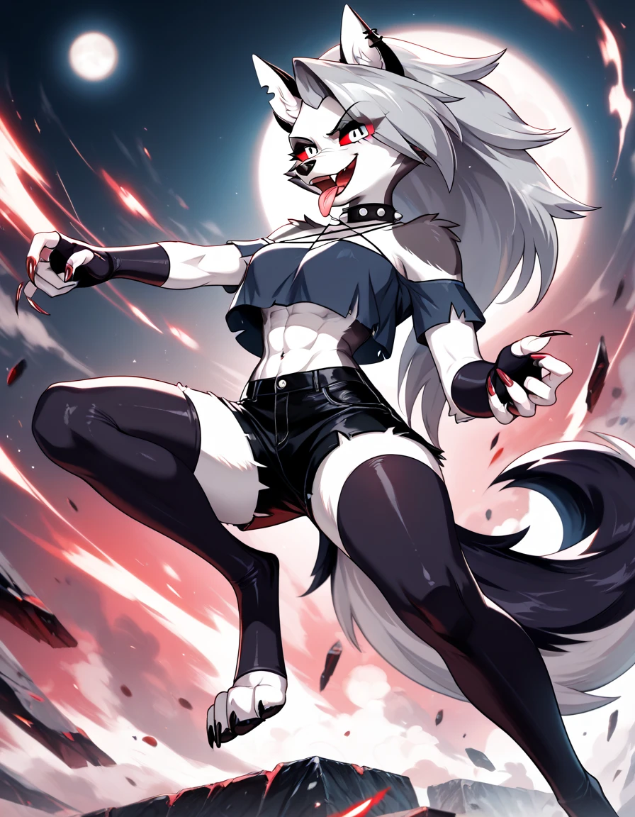 Loona from Helluva Boss, female white wolf, anthro, short white hair, white blindfold, white shirt, blue shorts, black boots, bandaged hands, serious, fighting stance, detailed, solo, beautiful, high quality, 4K