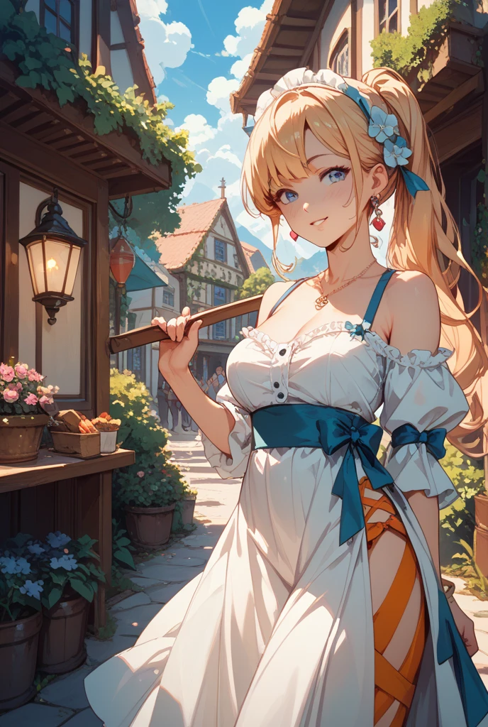 (masterpiece, best quality, 1girl:1.2, solo:1.3, illustration), nastasya, makeup, lipstick, freckles, red lips, long braid, blond hair, turquoise eyes, cowboy shot, looking at viewer, droplets of sweat, sauna, cleavage, flirting, modest, large breasts, large hips,