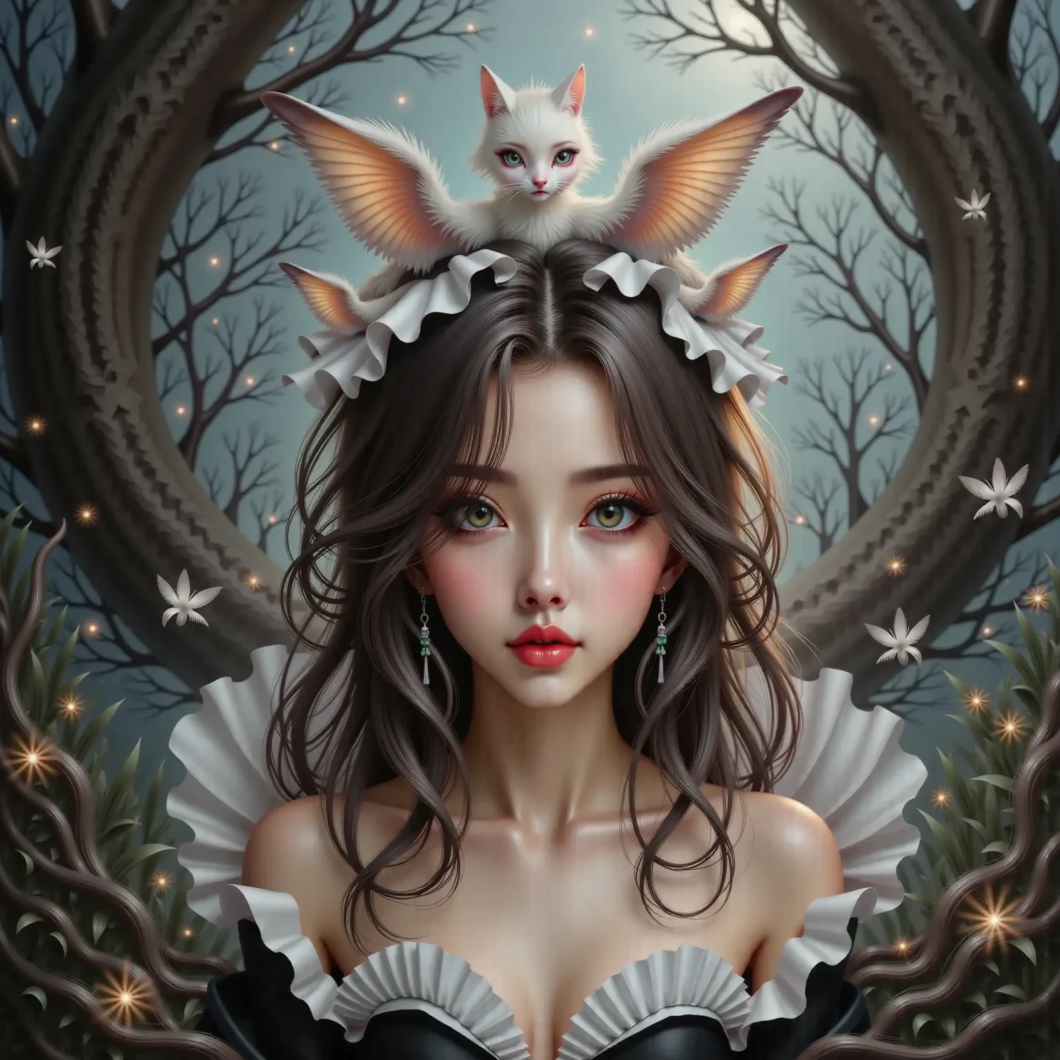 1girl, naked, animal ears, purple eyes, yellow hair, wings, solo, long hair, blush, cat ears, flowers, looking at viewer, braids, bows, dresses, pink flowers, bows, hair accessories, bangs, cats, hair flower, animal ear hair, holding, virtual youtuber, blue bow, holding animal, catwoman, stuffed toy