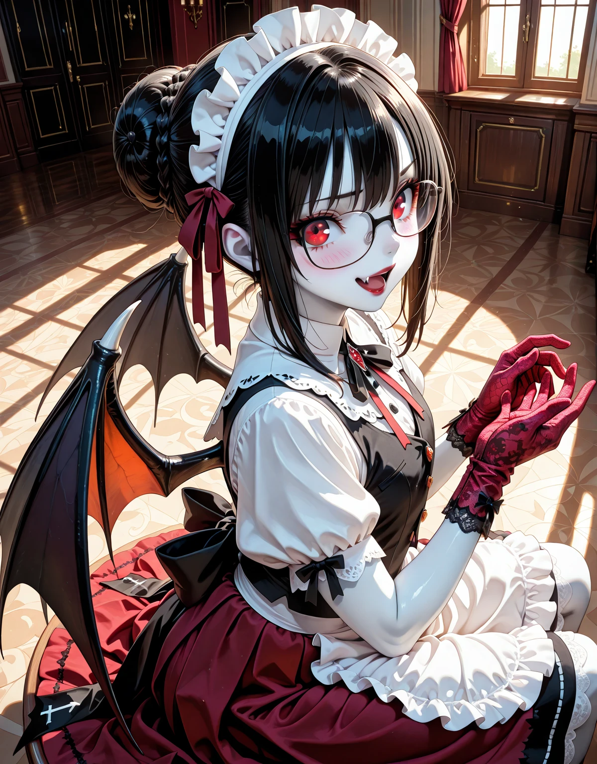 1 girl, a girl with bat wings, holding a pastry brush, succubus, bakery, a cake on focus, cake with strawberrys and red roses, bat choker, necklace, centered, bat jewelry, medieval castle scenery, Pink bat Jewelry, smile, vampire fangs, (looking at viewer), Draculaura_MH, wavy hair, Alone, half black hair, half pink hair, multicolored hair, long hair, braided hair, gothic scenery, medieval style, maid dress, white apron, maid apron, maid headdress, white skirt, pink knee boots, smiling, in kitchen, kitchen, black lanterns, stand up close to window, depth of field, film composition, ((high quality)), ((artwork)), (More details), maid dress, black maid headdress, black maid apron, bat wings, white dress, black dress with transparency, pink laces, pink gloves, black high socks , boots of high hills, bat jewel, jewel, sit on the grass, dark red roses in focus, Draculaura_(school of monsters), school of monsters, Looking at the viewer, More details on the clothes,