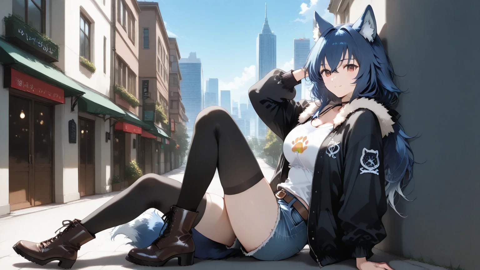 Best quality,masterpiece, A young furry black cat woman in old clothes is sitting on a battered suitcase in the street
