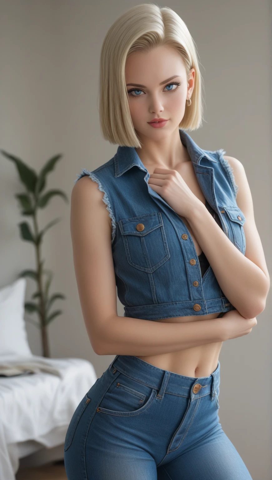sfw, One woman, ((Marilyn Monroe:Michelle Pfeiffer:0.5)), elbow squeeze, arms down, small breasts, One Slim spanish blond woman in sensual crochet sweater and low rise tight jeans, cleavage, hips and groin showing, slim thighs, thigh gap, open legs, short hair. Tanned skin. Slim body. Natural relaxed pose.