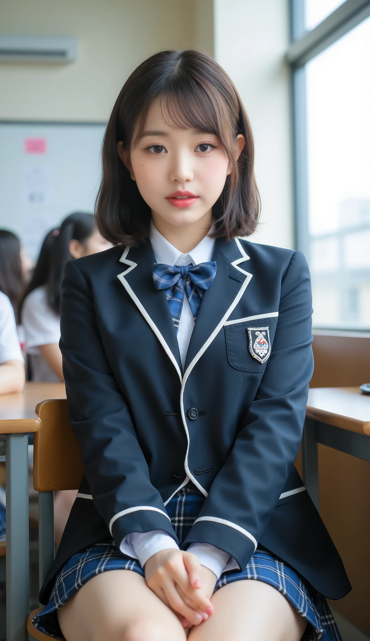 Product quality, 1 girl, (well-proportion), ( taken from below : 1.4), ( Highlight Thighs: 1.4), a young and cute Japanese woman , daytime, ( high school classroom : 1.2), Women's uniform , blazer, ( Ultra Short Blue Plaid Micro Mini Skirt: 1.4), very cute face , glossy lips , beautiful big eyes, brown eyes , double eyelids , ( natural cosmetics), has double eyelids ,,,, asymmetrical bangs , floating hair nova frog style , [ imaging center, 8k resolution, Attention to Details , detailed hairstyle , detailed face , movie light , octane rendering from camera , ( anatomically correct ), super real , Perfect Body , Beautiful Legs, thick thighs , big breasted , perfect anatomy , (High School Student's Cheerful Pose : 1.4) short hair