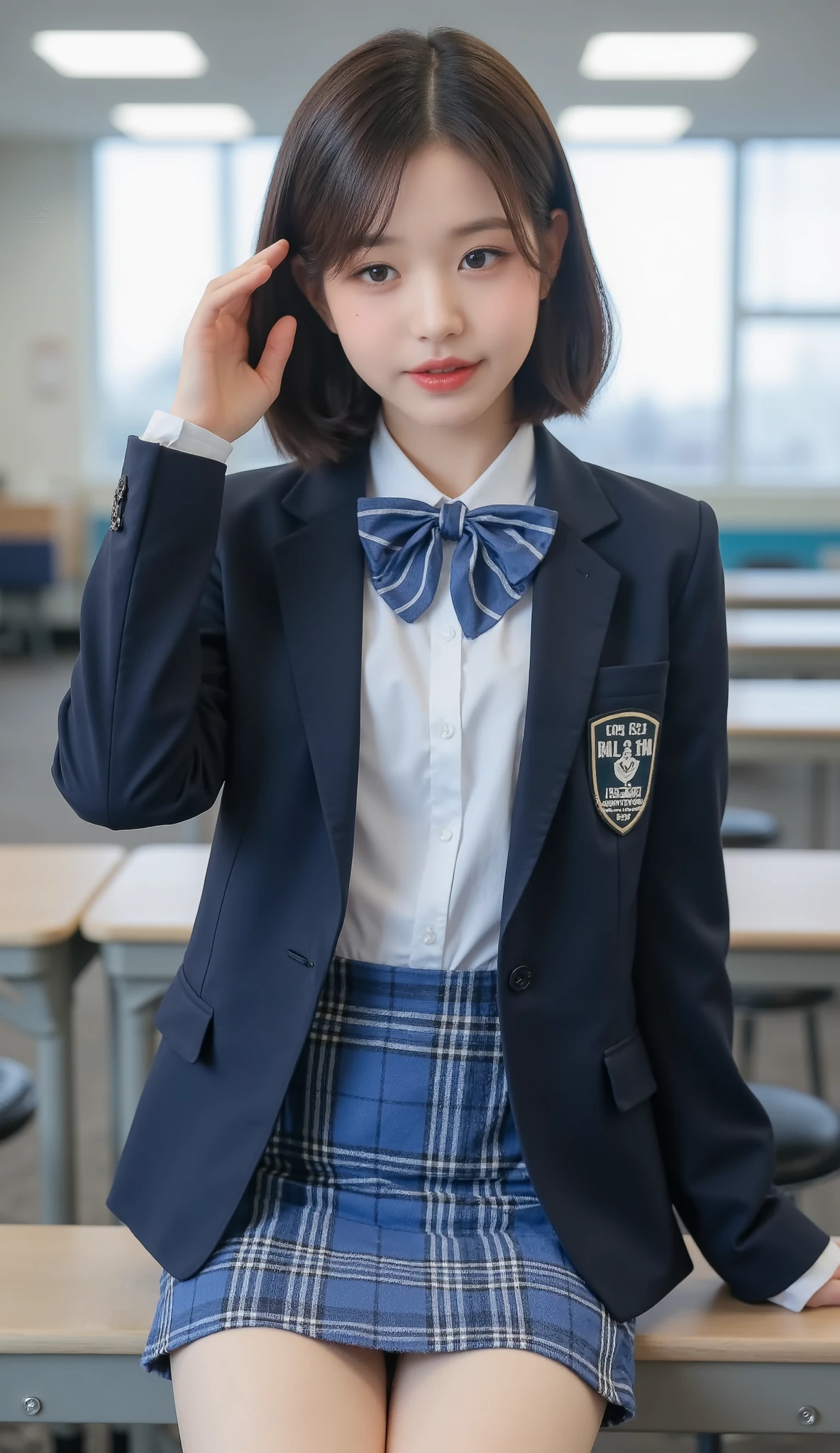 Product quality, 1 girl, (well-proportion), ( taken from below : 1.4), ( Highlight Thighs: 1.4), a young and cute Japanese woman , daytime, ( high school classroom : 1.2), Women's uniform , blazer, ( Ultra Short Blue Plaid Micro Mini Skirt: 1.4), very cute face , glossy lips , beautiful big eyes, brown eyes , double eyelids , ( natural cosmetics), has double eyelids ,,,, asymmetrical bangs , floating hair nova frog style , [ imaging center, 8k resolution, Attention to Details , detailed hairstyle , detailed face , movie light , octane rendering from camera , ( anatomically correct ), super real , Perfect Body , Beautiful Legs, thick thighs , big breasted , perfect anatomy , (High School Student's Cheerful Pose : 1.4) short hair