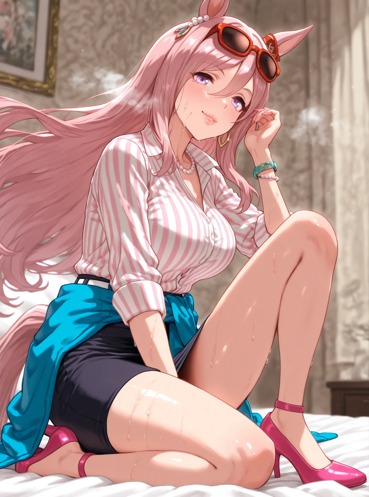 Anime Kawaii sexy Perfect Slim sensual body large breast and huge thighs, An intricate and highly detailed illustration of anime (Young girl) 一个女人sitting on a stool露出她臭脚的low angle，sitting on a stool，low angle，正面，bare feet，focus on feet，Pink off-shoulder t-shirt，There are bangs between the eyes，long hair，chestnut hair，shorts jeans，anatomically correcte, There is a huge yellow five-pointed star clip in her hair，pink eyes，eyes for details，pretentious smile，look at the audience，point-blank，wide angle lens，perspective drawing, two feet，simetria bilateral