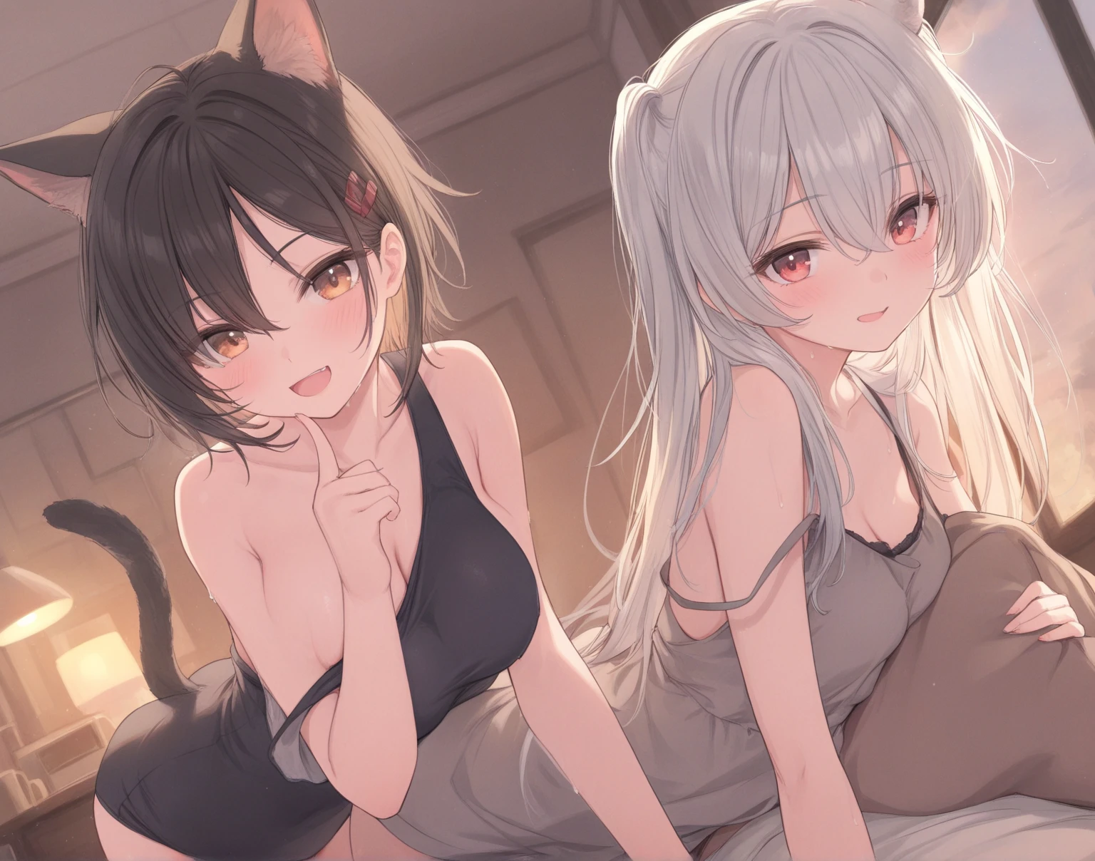 Create a high-quality, detailed image of a beautiful, anime cat girl and short hair, beautiful eyes, laying down on her bed in her gaming room. She is wearing a tank top, barely showing her nipples, and panties, highlighting her stunning curves. The warm, inviting scene includes soft ambient lighting, comfortable seating, The setting is illuminated by a small lamp, creating a serene and intimate atmosphere