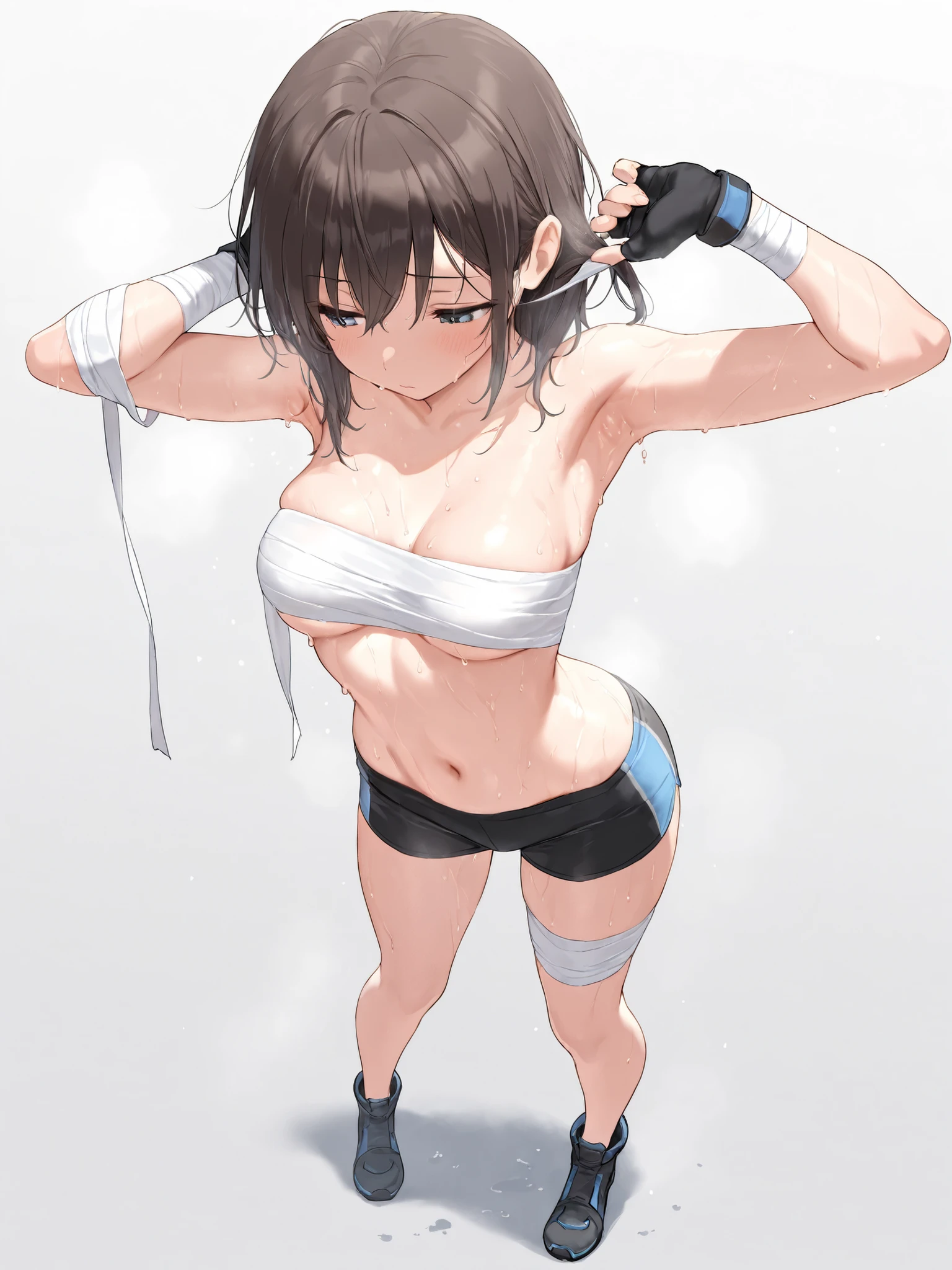 ((Masterpiece)), ((Best Quality)),Ultra High Resolution, Caustics, Detailed, Beautiful Detailed Eyes, solo, (athletics stadium, track and field athlete),cowboy shot,20 year old beauty、((nsfw,BDSM,shibari:1.3,shibari over clothes,hemp rope)),(separate,white sports bikini,show off belly),slender body, ideal ratio body proportions,oily skin, gleaming skin,sweat:1.3,medium breasts,brown eyes, (ponytail),medium hair,brown hair,crying,steam,heavy breathing、 arms behind back,squatting,