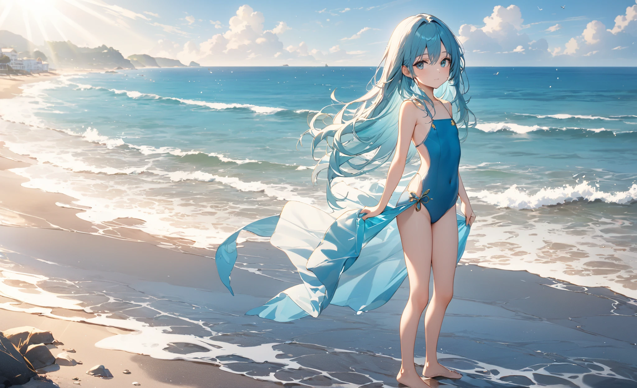1woman, light blue hair, long hair, swimsuit, beach, standing on ground, high res, ultra sharp, 8K, masterpiece