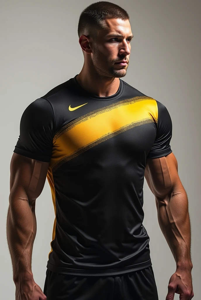 a muscular handsome young man, Jeff seid, extremely detailed face, beautiful detailed eyes, looking at the viewers romantically, amber yellow shirt, black pants, formal shirt pants, sexy look, black short hair, smooth skin,