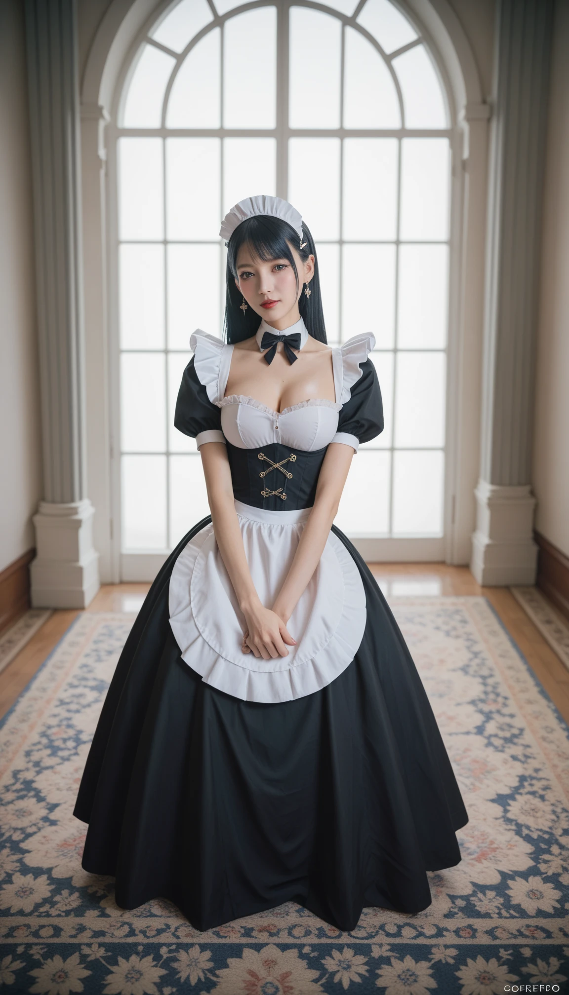 "Realistic and ultra-detailed depiction of a beautiful girl with short blue hair, sexy dressed in a black and white maid outfit."