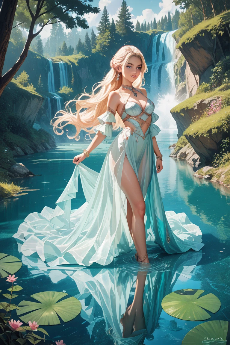 Graphics novel illustration, best quality, high resolution, 8k aesthetic, mesmerizing celestial moonlight,
Α field of white flowers. A beautiful young woman in a blue dress hogtied, laying on stomach, feet together, pale blue fishnets, (otm gag:1.5). trees with white leaves rest in the background, bound with blue rope. the cloudy sky breaking to reveal the blue moon. rain is pouring across the landscape as heavy wind blows the white flowers that flood the ground. lightning strikes in the background directly hyper realistic. Epic scene like a dream. Leaves are fluttering around the women. The world is majestic with wildlife showing up to listen.As she lays on a river her dress made of beautifully detailed water. Beautiful masterpiece of art.. beautiful contrast of the light along the water which has an incredible reflection. Laying on water. dress made of water on the female. high aspect ratio. beautiful composition. detailed textures. realistic. beautiful detailed moon.