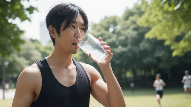 photorealistic, best quality, masterpiece, extremely detailed, sexy, homoerotic, extremely handsome, youthful, 25 year old muscular taiwanese man, ((muscular bodybuilder)), ((massive thighs)), tight booty shorts, big bulge, very sweaty, big smile, happy, sitting relaxed on bench, he pours water out of water bottle on his head, at park, extremely romantic atmosphere, perfect face, perfect fingers, perfect hands, perfection