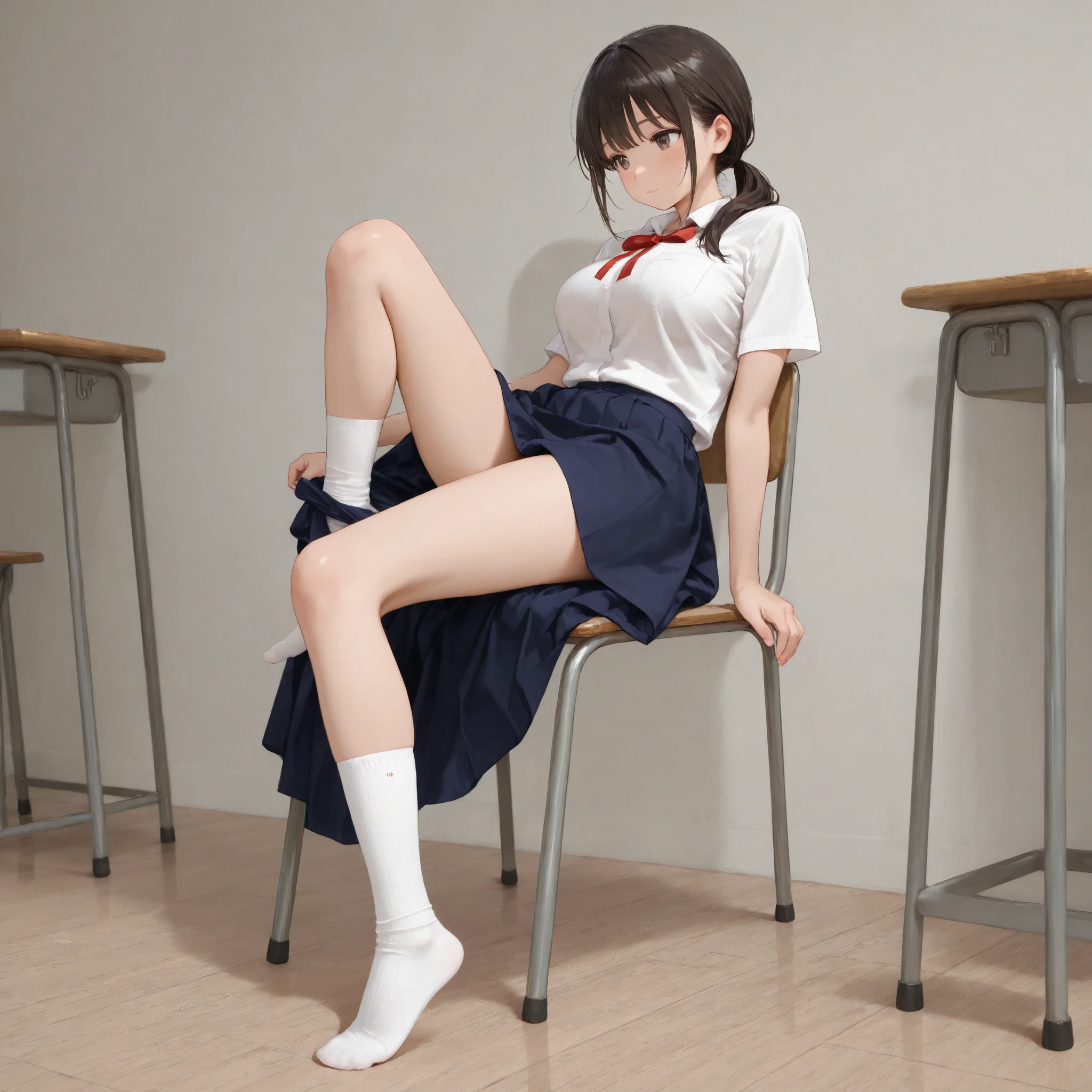Little girl on top，Looking down，from below，Flat sandals，did not wear panties，sitting on the classroom desk，Crotch view，Mocking expressions，Smiling，No bandeau，Large angle upward view，Sky background or ceiling background