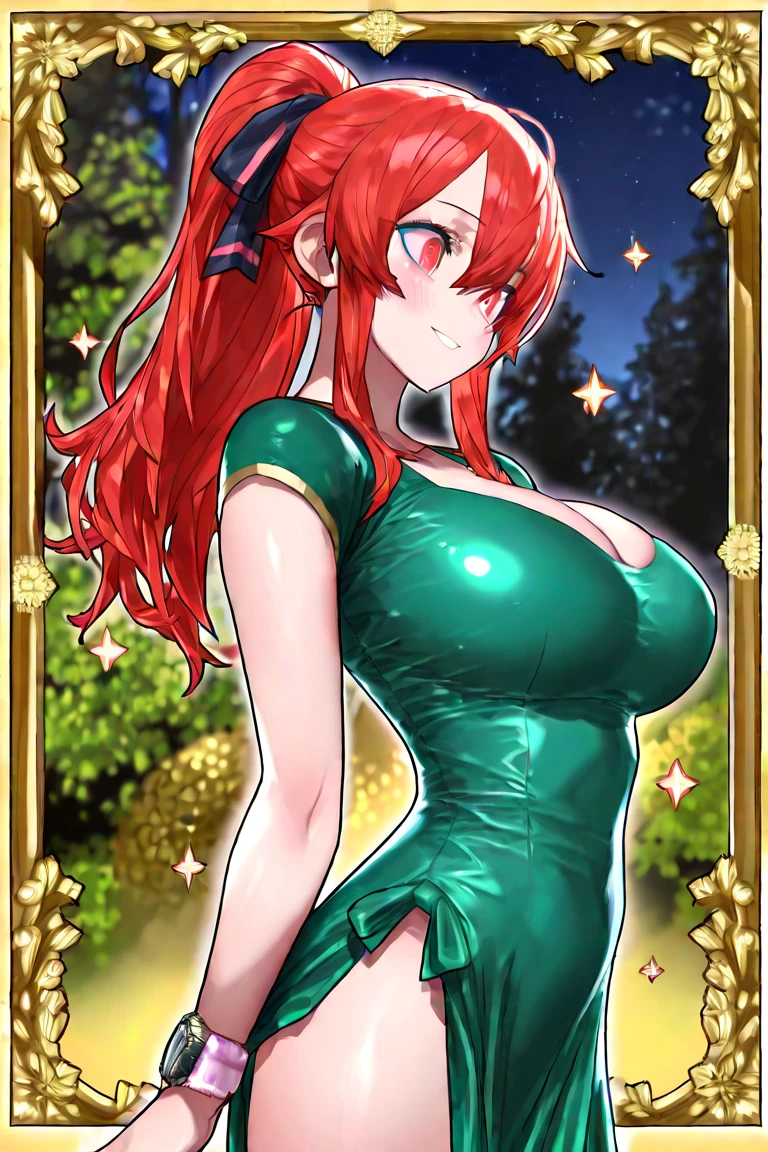 red hair, green colored dress, blue eyes, gigantic breasts, cleavage, bare legs, smiling