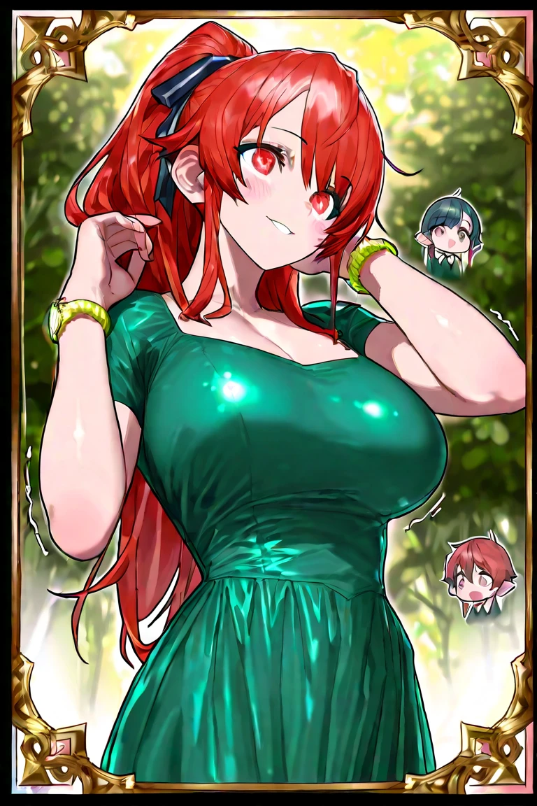 (masterpiece, best quality, beautiful detailed eyes, intricate details), 4k
1girl, solo, outdoors, dark forest, night, cowboy shot,
<lora:Gruntilda_Anime:0.8>, Gruntilda, (green skin:1.3), long black hair, yellow dress, red eyes, evil smile, smug, busty, (yellow clothes:1.2)