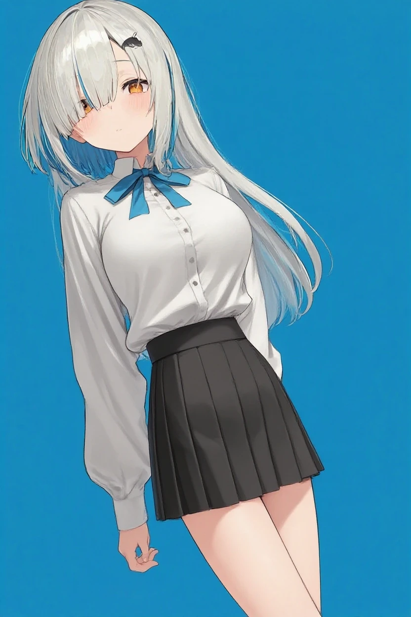 masterpiece, best quality, highres, kei1, 1girl, solo, blue eyes, long hair, social workshop uniform, short sleeves, ribbon, bangs, collarbone, gray hair, black skirt, adult appearance, anatomically correct body, hair ornament, black hair band, black pantyhose, neck ribbon, hair between eyes, medium breasts, sailor collar, back, outdoors, (wind: 1.4), panties: 1.3)
