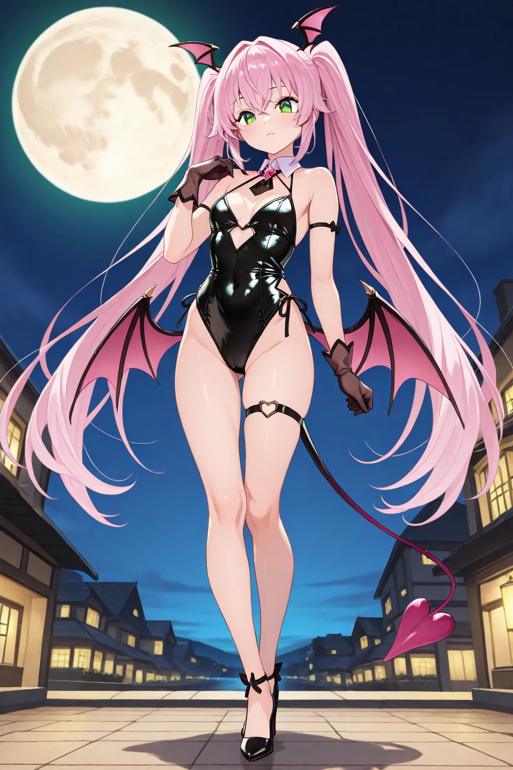 8K, 1girl, petit, adult. kawaii vampire, crimson hair, short hair, red eyes, fang, bat wings, smile, (blush), (shy), pointed ears, looking at viewer, dynamic angle, wind, game cg, fantastic scenery, devil tail, demon tail, thin tail, black horns, medium breast, show full body, hot springs, yokai, yokai pet, monster, latex bra, latex panties, latex, sexy, horny, shiny