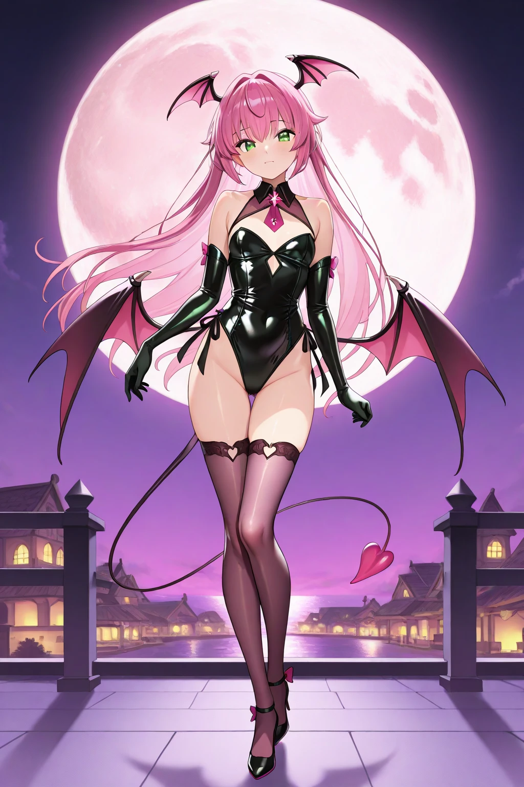 full body image of an anime style girl, the girl has a very thin body, the girl has long legs, the girl has a very , the girl has white skin, the girl has small breasts, the girl is slightly blushing, the girl has red ears shaped like bat wings, The girl has short purple hair, The girl's hair reaches a little above her shoulders., The girl wears a tight red latex suit, the girl has a thin black demon tail, At the tip of the girl's tail there is a black arrow, the girl is standing, the girl is posing provocatively, the girl's eyes are bright red, the girl is smiling, the girl has bat wings full of spikes on her back, the girl's expression is provocative, The background of the image is a garden at night with night lights,