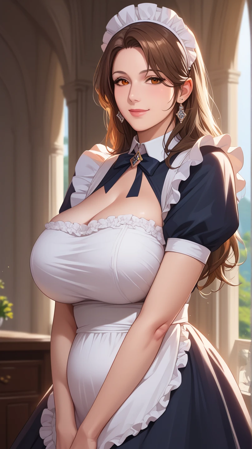 table top, highest quality, figure, super detailed, finely, High resolution, 8k wallpaper, Perfect dynamic composition, detailed and beautiful eyes, dress,random hairstyles, Natural color lip, random sexy poses,smile,simple background、mature woman,Clothes with a large open chest,big breasts,revealing costumes,40 year old woman,Sexy Maid Outfit