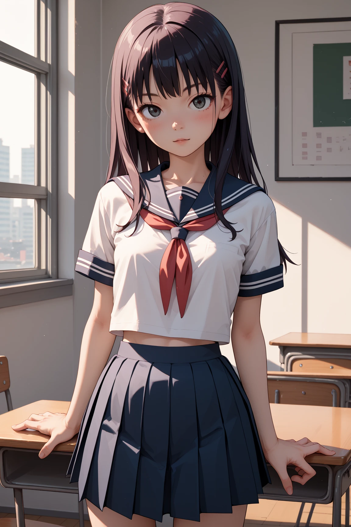 True to prompts、Highest Resolution、middle School girls、Black Haired Beautiful Girl、Short-sleeved uniform、Thin fabric uniforms、Collarbone in full view、Waistline、Navy Skirt、Sexy thighs、School、classroom